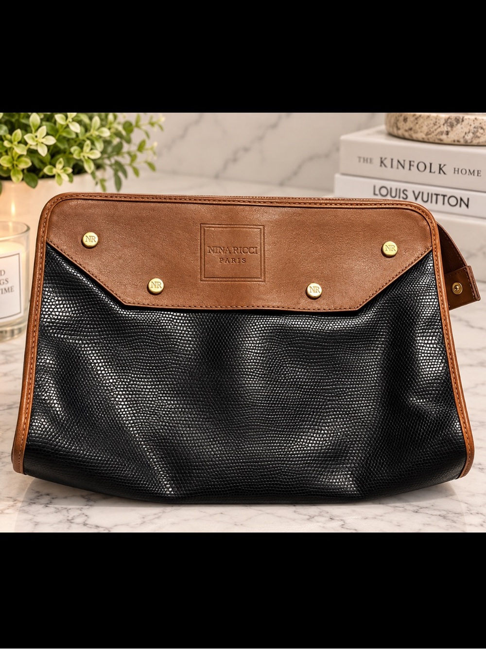 Nina Ricci Paris Leather Clutch Black & Brown Vintage Made in Italy Zip Pouch